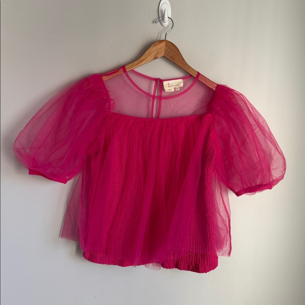 Anthropologie Sheer Magenta Puff Sleeve Top Small - Picture 2 of 10